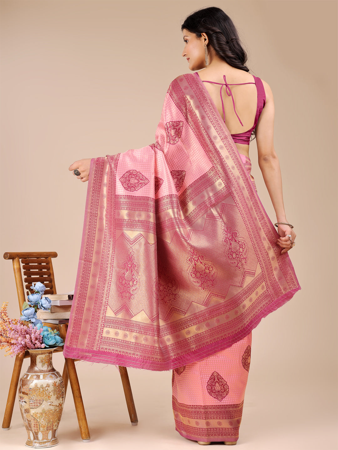 Light Pink & Magenta Banarasi Silk Zari Work Saree with Tassels