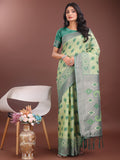 Light green linen cotton saree with delicate woven design