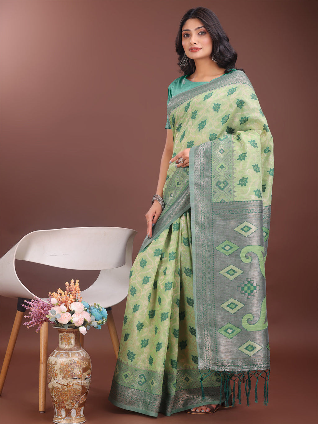 Light Green Linen Cotton Saree with Woven Design