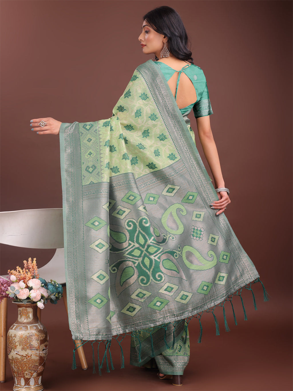 Light Green Linen Cotton Saree with Woven Design