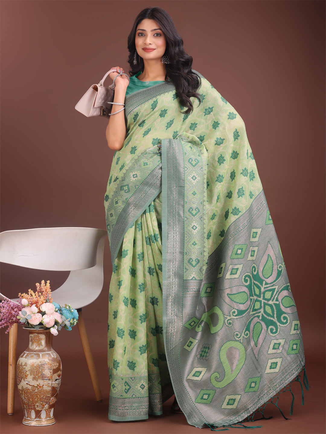 Light Green Linen Cotton Saree with Woven Design