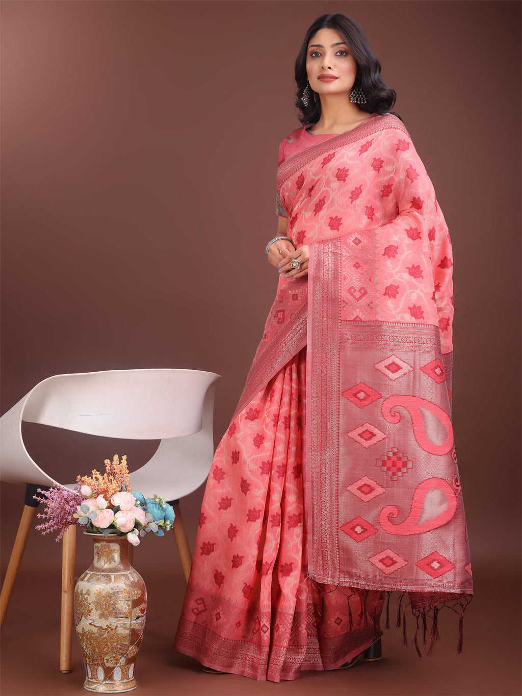 Peach Linen Cotton Saree with Woven Motifs and Elegant Pallu