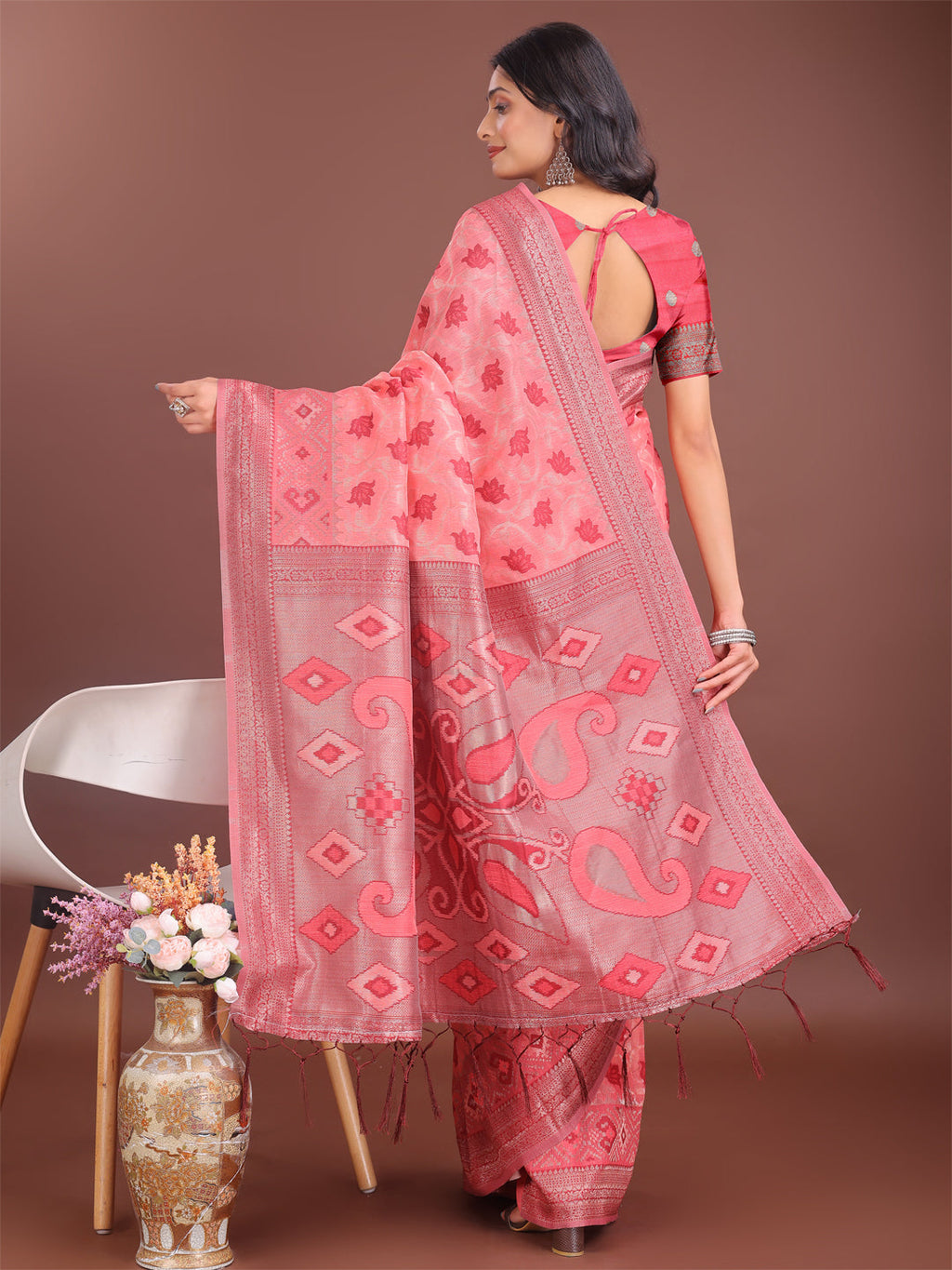 Peach Linen Cotton Saree with Woven Motifs and Elegant Pallu