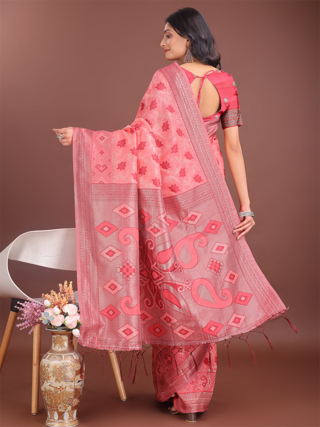 Peach Linen Cotton Saree with Woven Motifs and Elegant Pallu