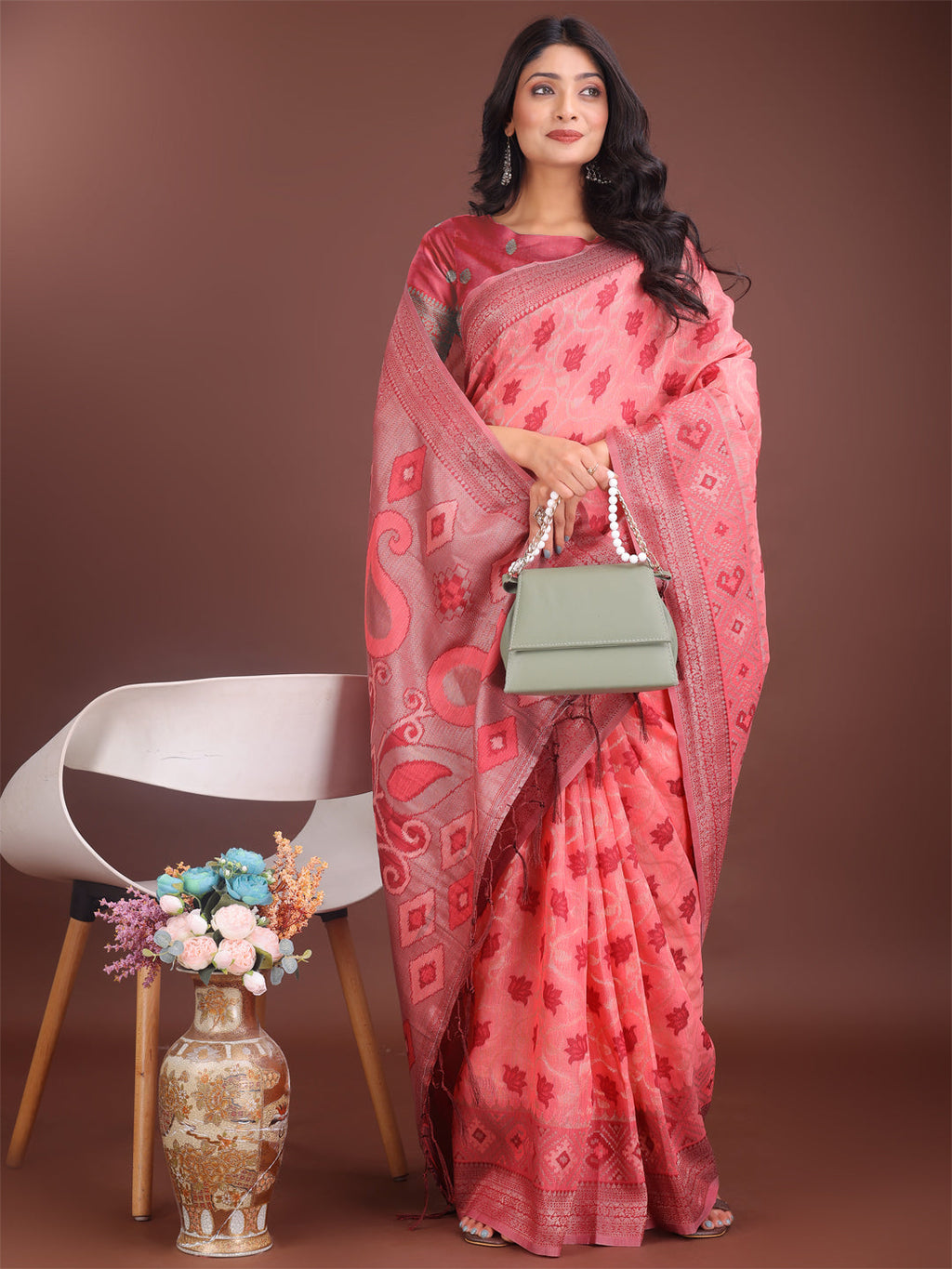 Peach Linen Cotton Saree with Woven Motifs and Elegant Pallu