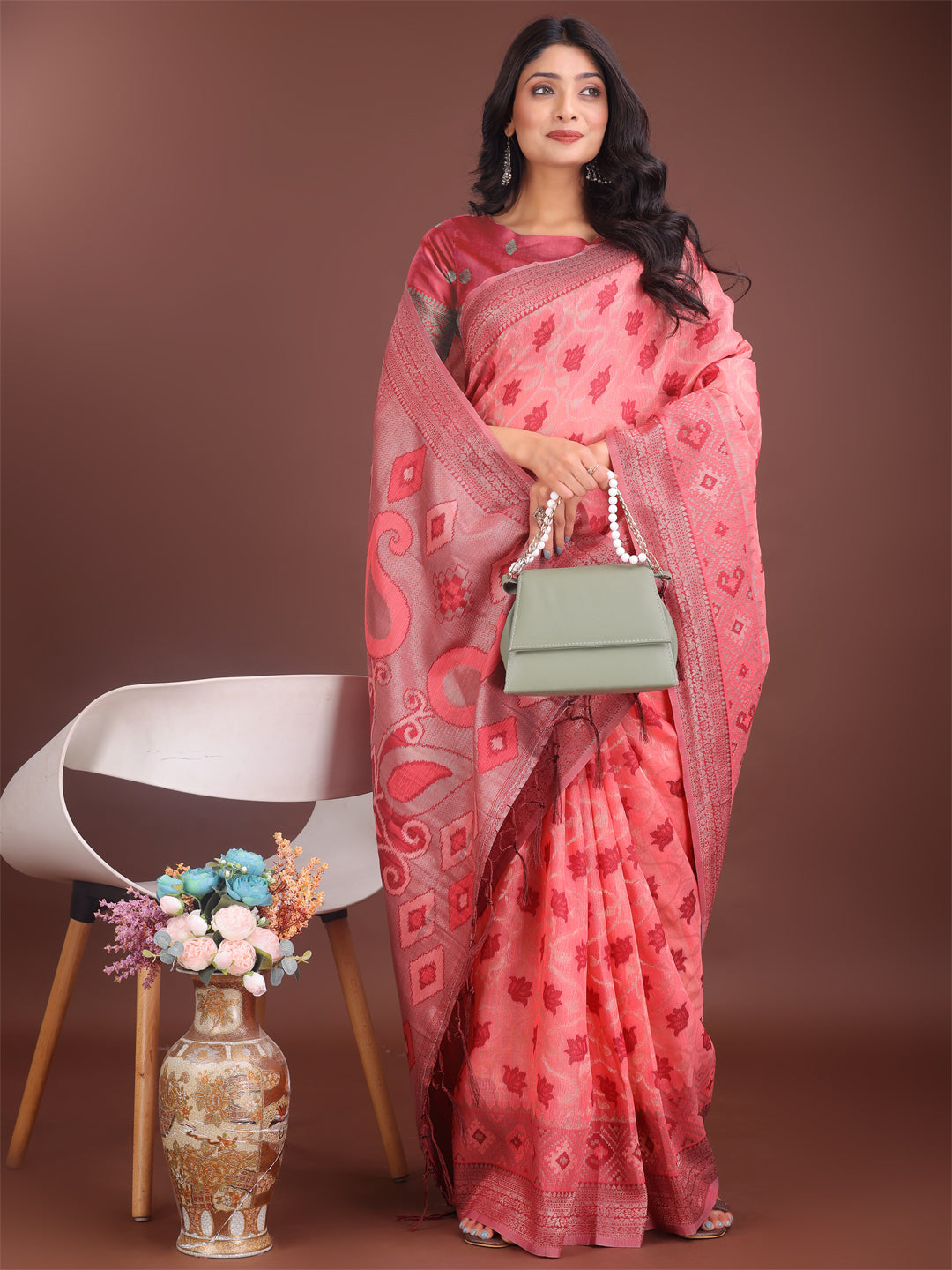 Peach Linen Cotton Saree with Woven Motifs and Elegant Pallu
