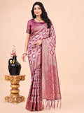Pink Lichi silk saree with contrast blue woven border and intricate floral zari design