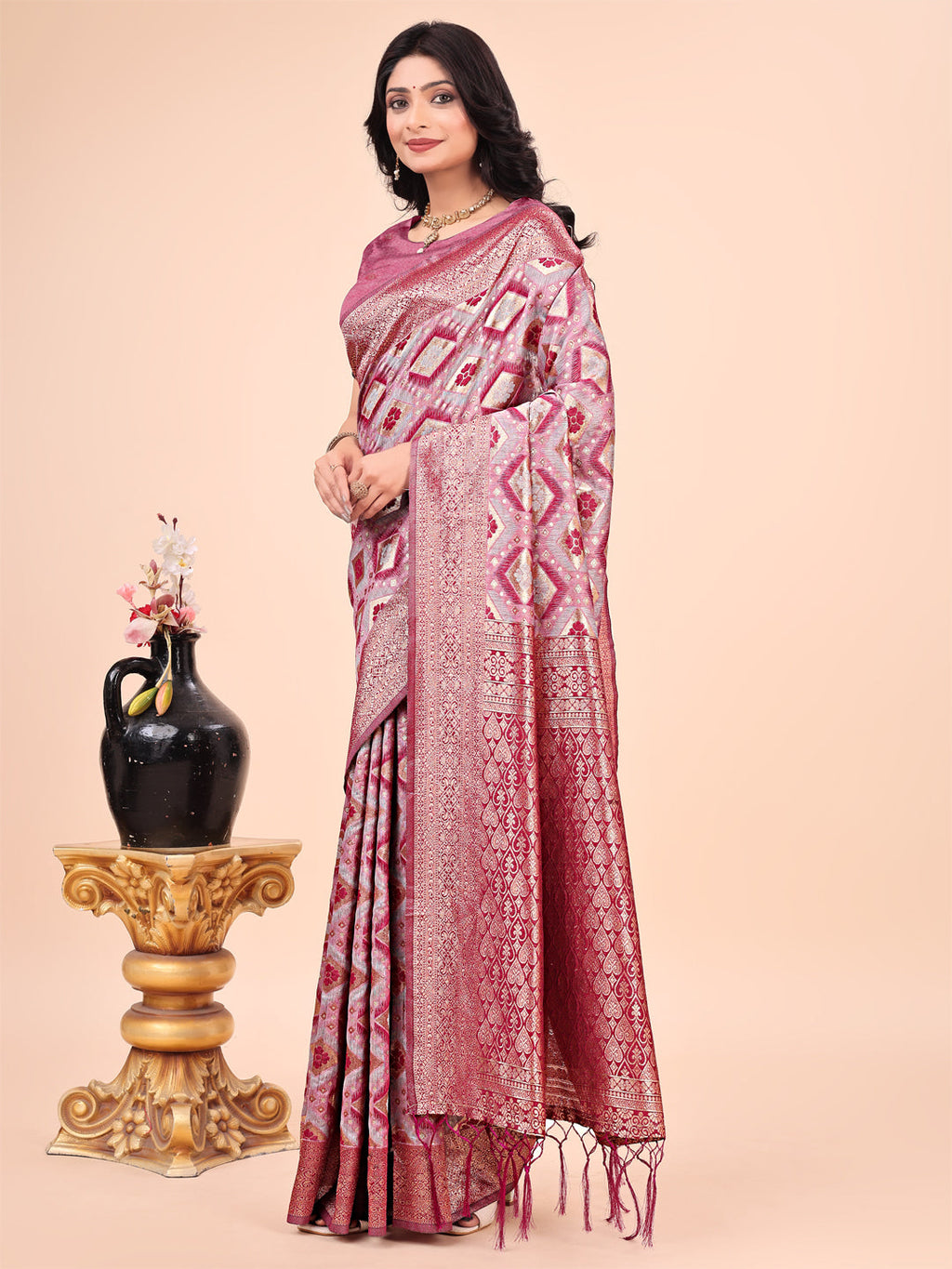 Pink Lichi Silk Saree with Contrast Blue Border & Floral Zari