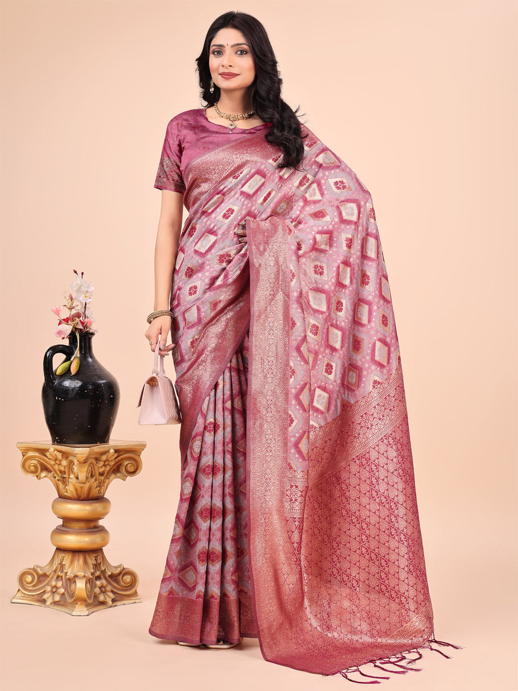 Pink Lichi Silk Saree with Contrast Blue Border & Floral Zari