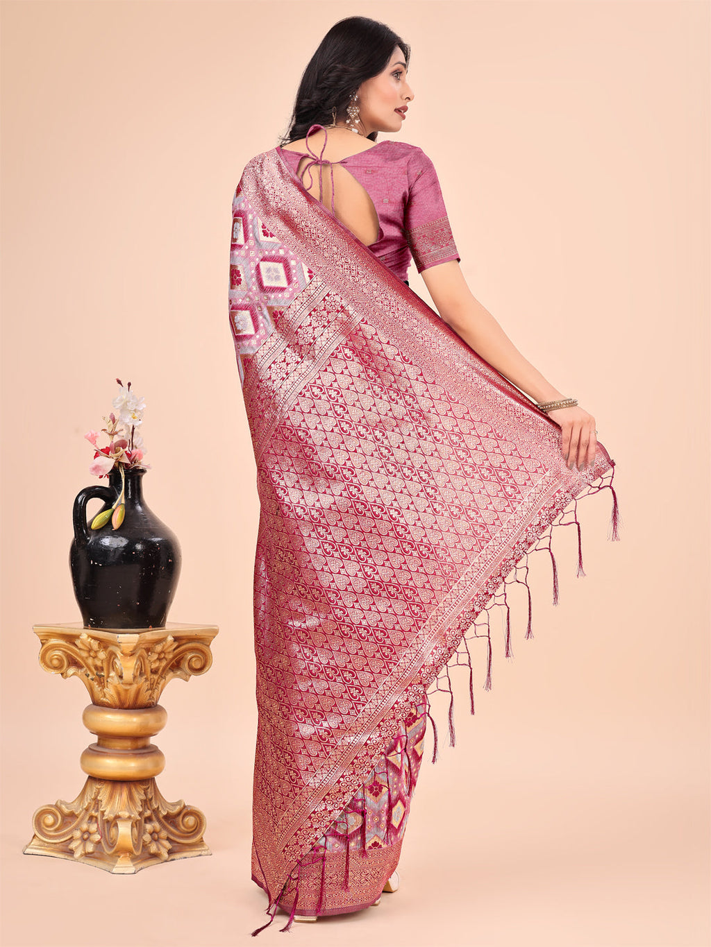 Pink Lichi Silk Saree with Contrast Blue Border & Floral Zari