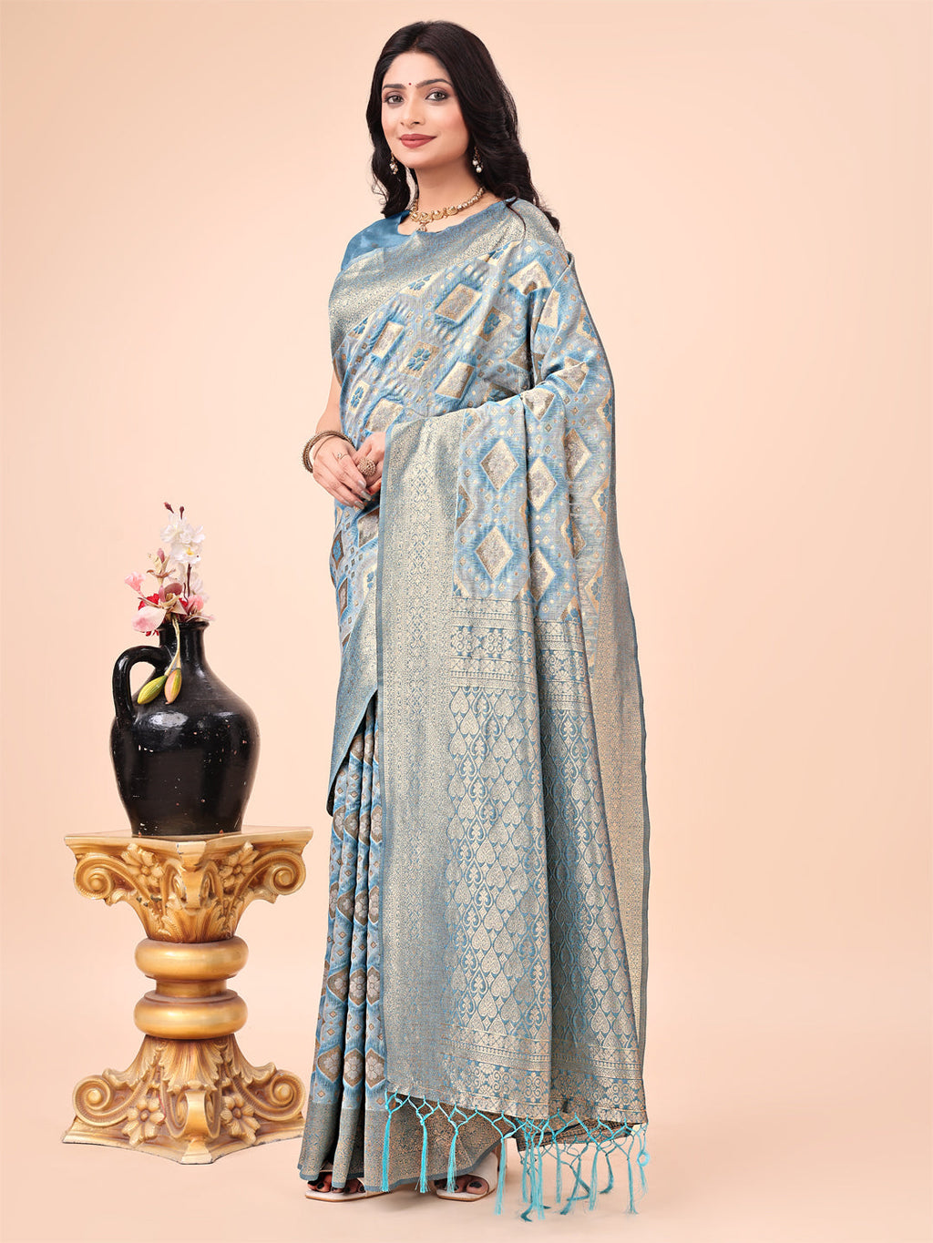 Sky Blue Lichi Silk Saree with Floral Zari Design and Woven Border