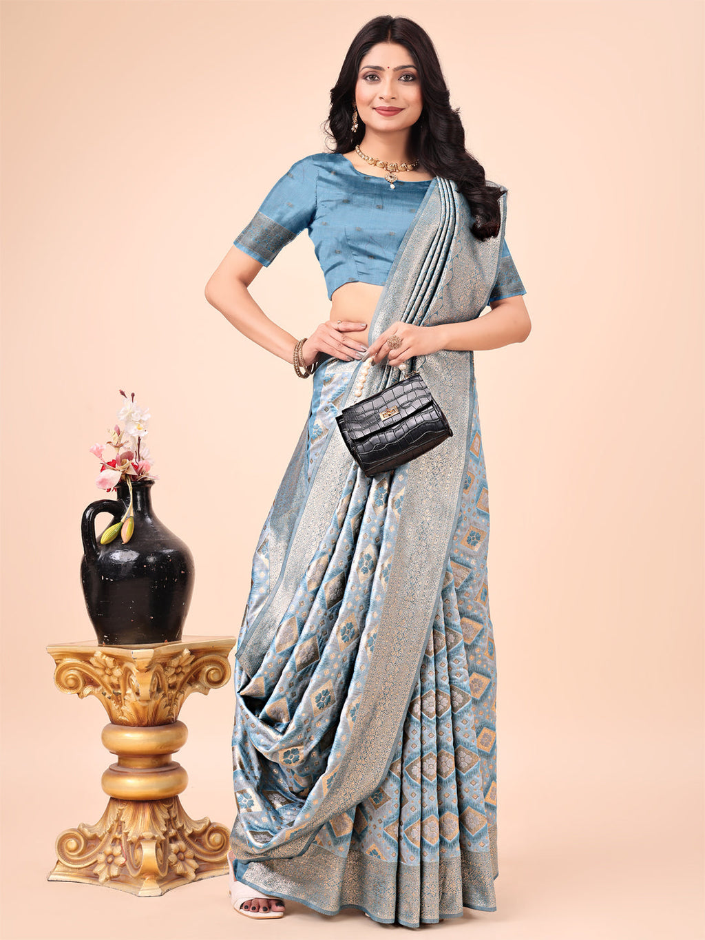 Sky Blue Lichi Silk Saree with Floral Zari Design and Woven Border