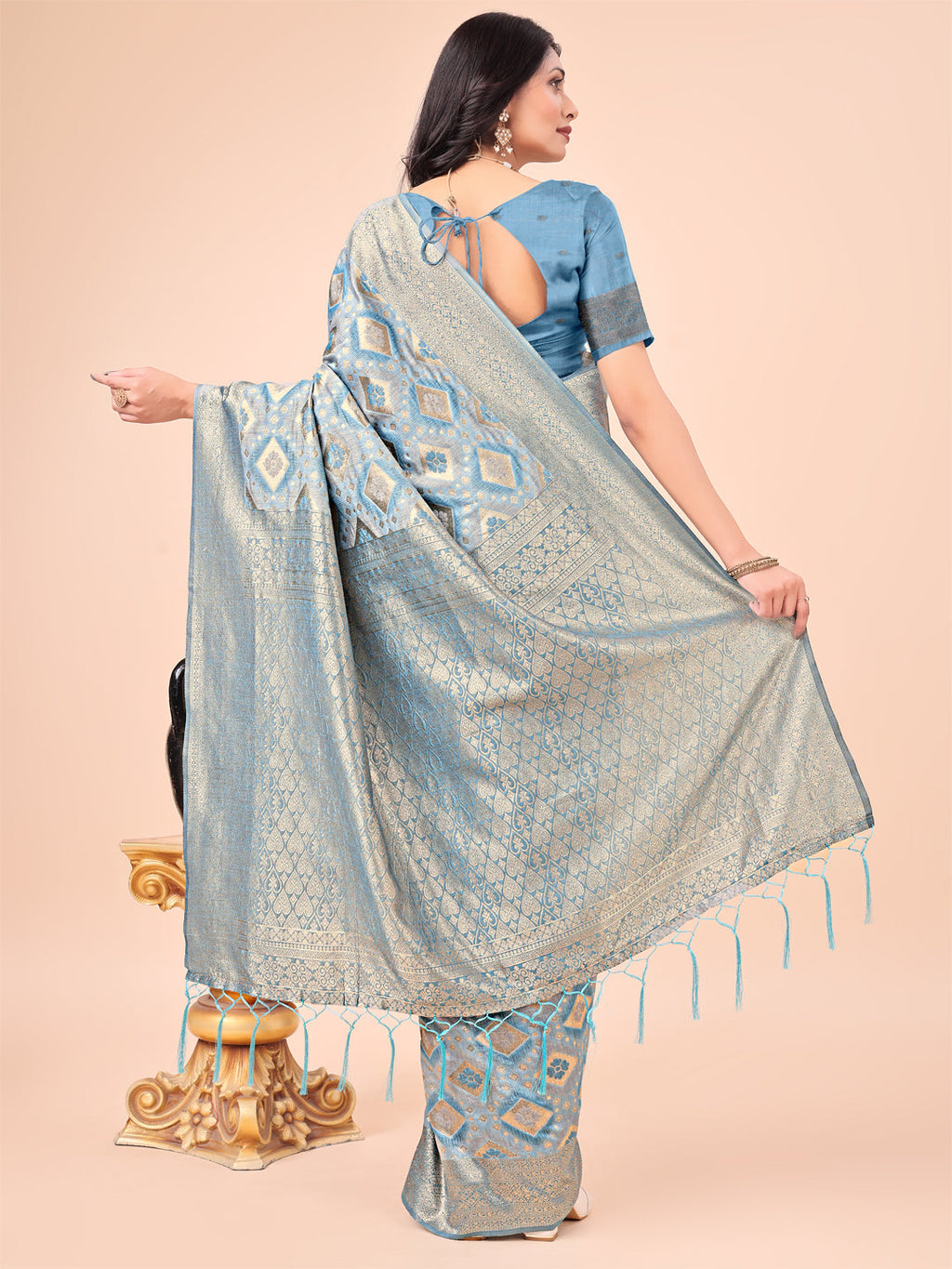 Sky Blue Lichi Silk Saree with Floral Zari Design and Woven Border