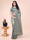 Green Lichi silk saree with contrast blue woven border and floral zari details