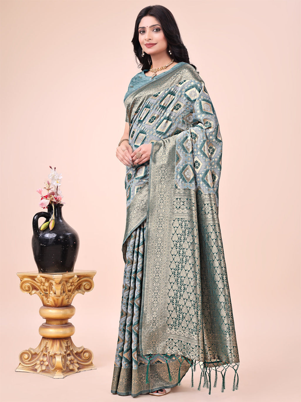 Green Lichi Silk Saree with Contrast Blue Border and Zari