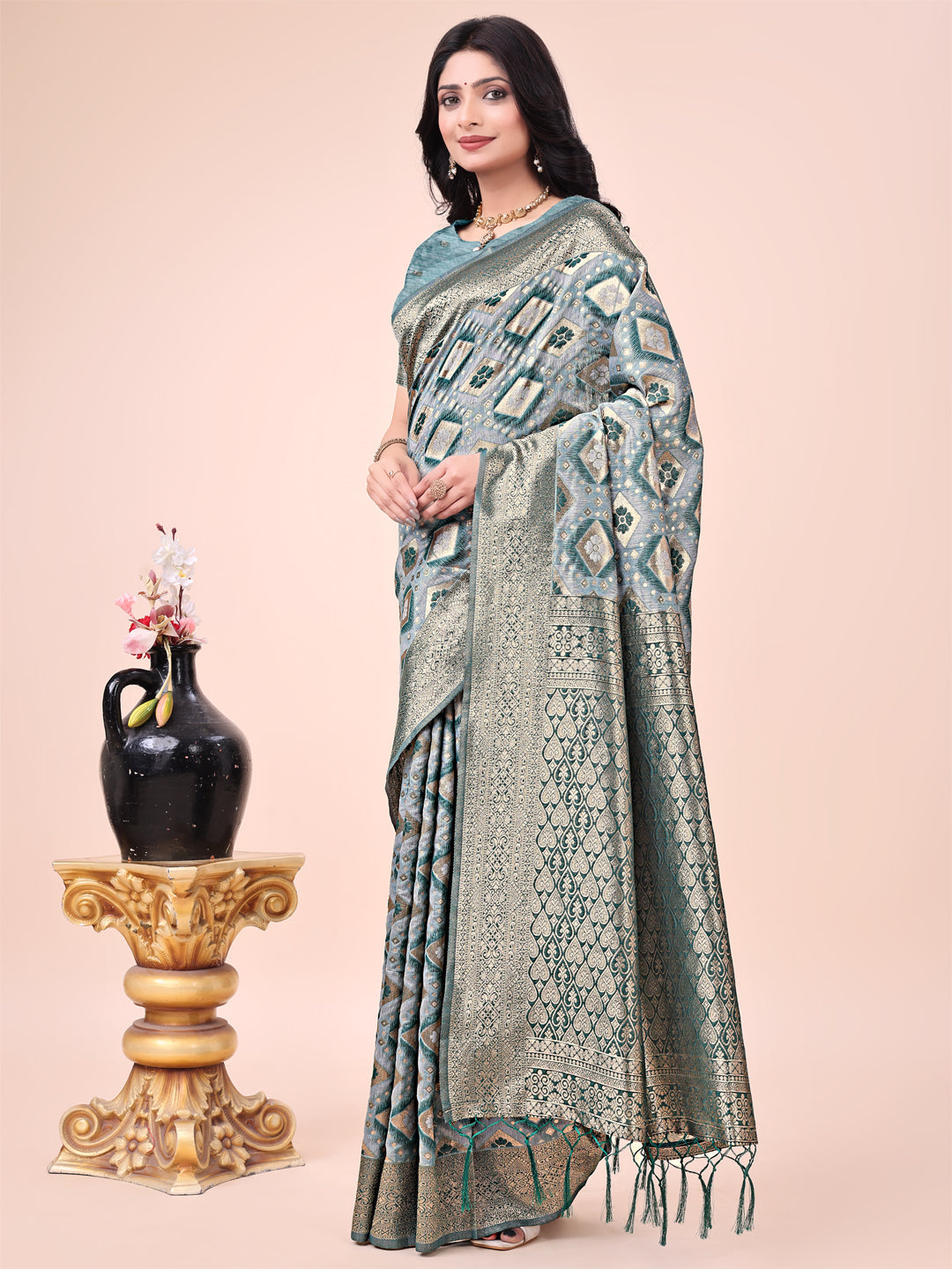 Green Lichi Silk Saree with Contrast Blue Border and Zari