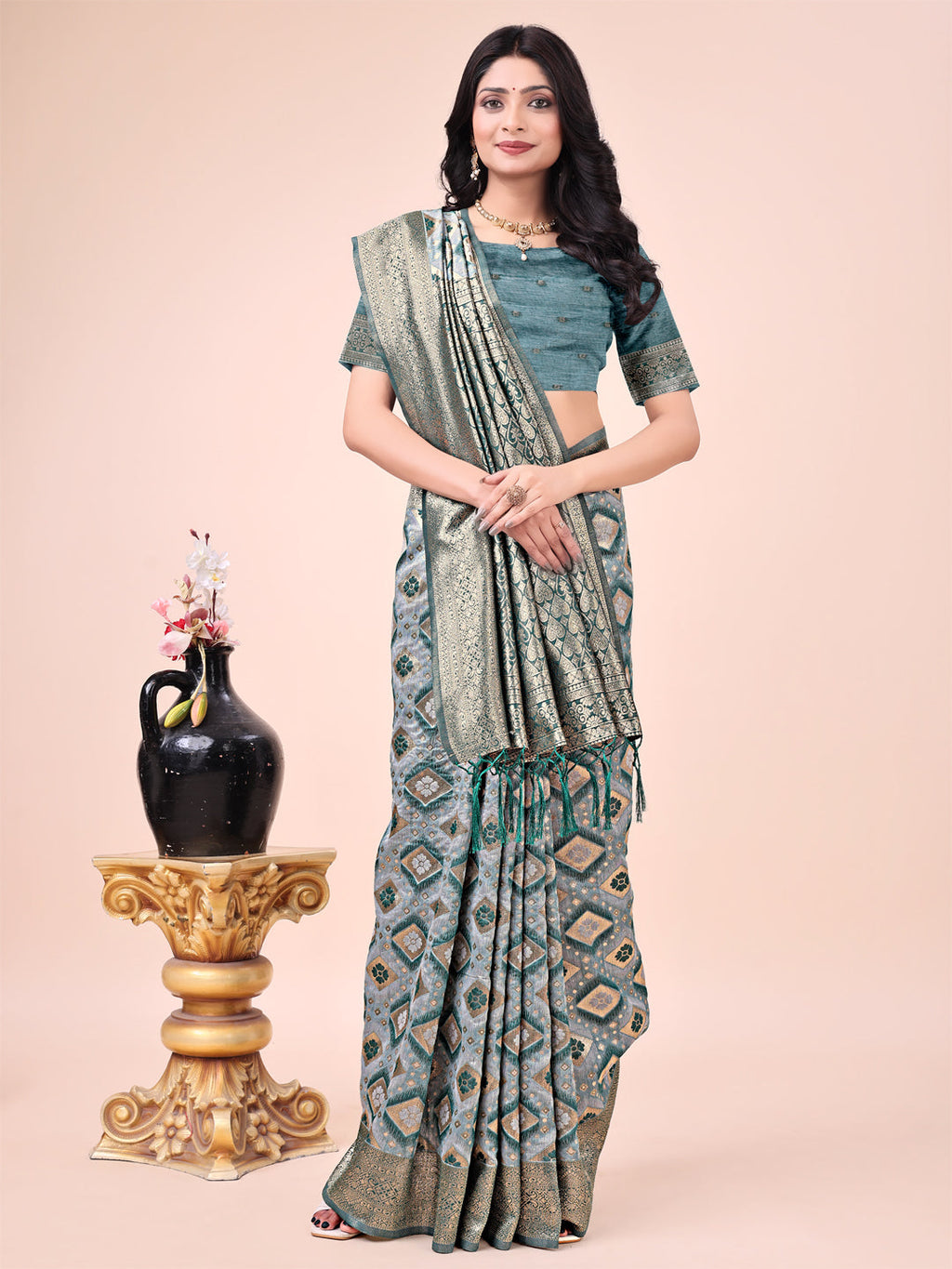 Green Lichi Silk Saree with Contrast Blue Border and Zari