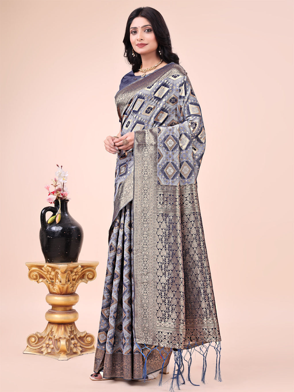 Navy Blue Lichi Silk Saree with Floral Zari Design