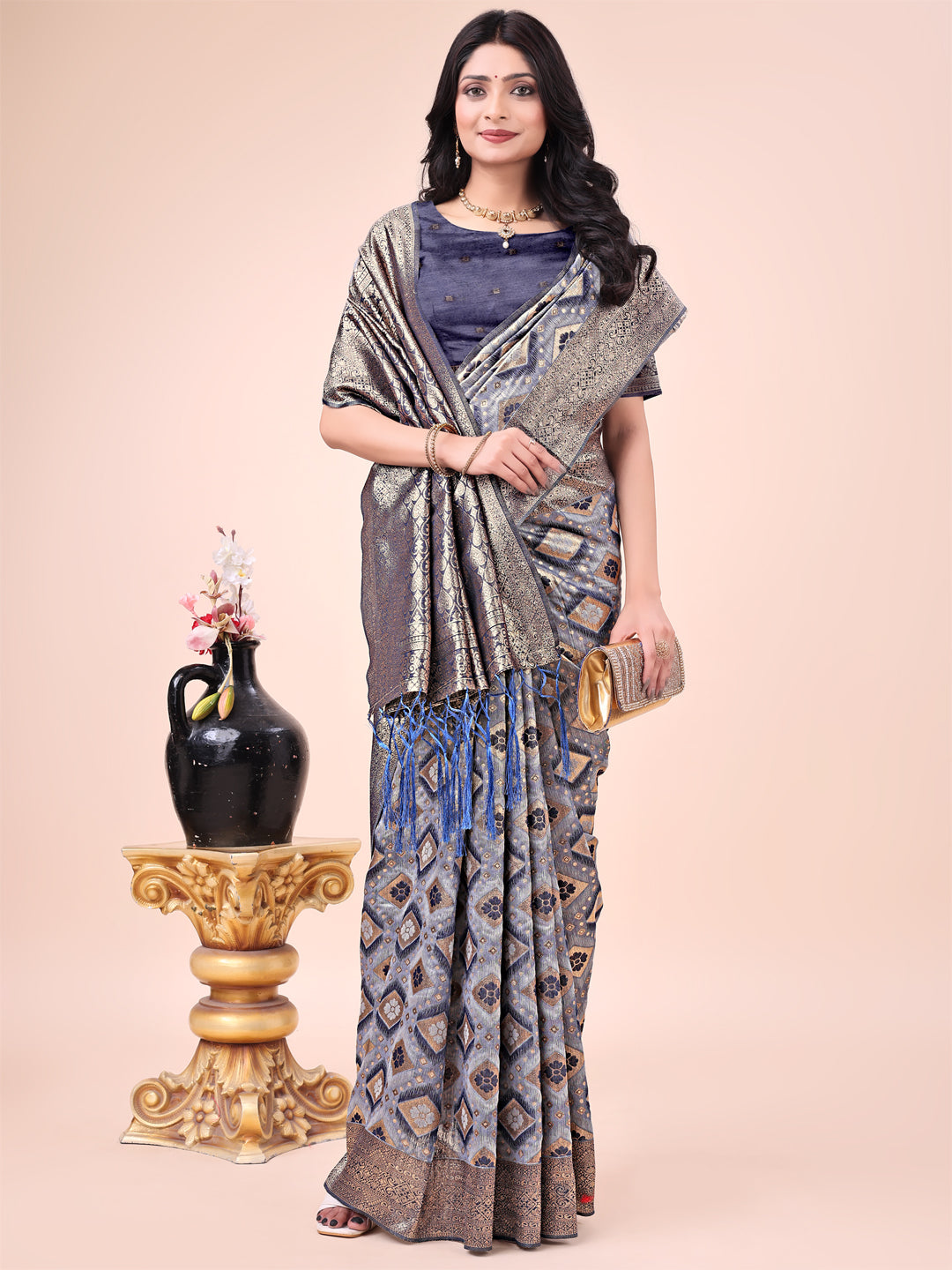 Navy Blue Lichi Silk Saree with Floral Zari Design