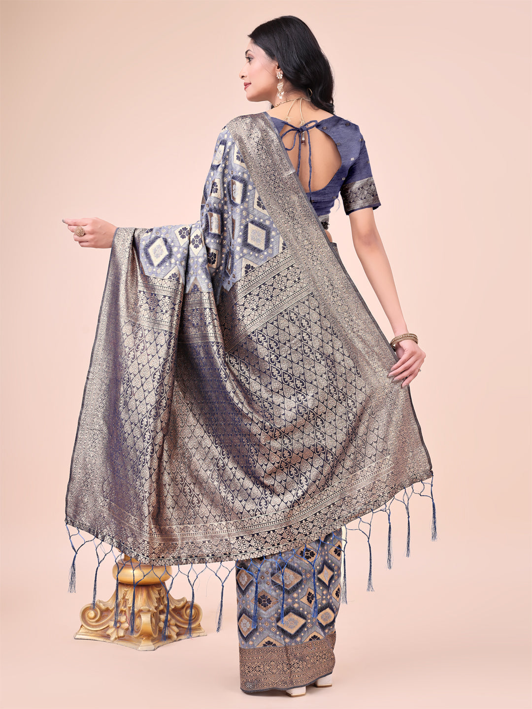 Navy Blue Lichi Silk Saree with Floral Zari Design