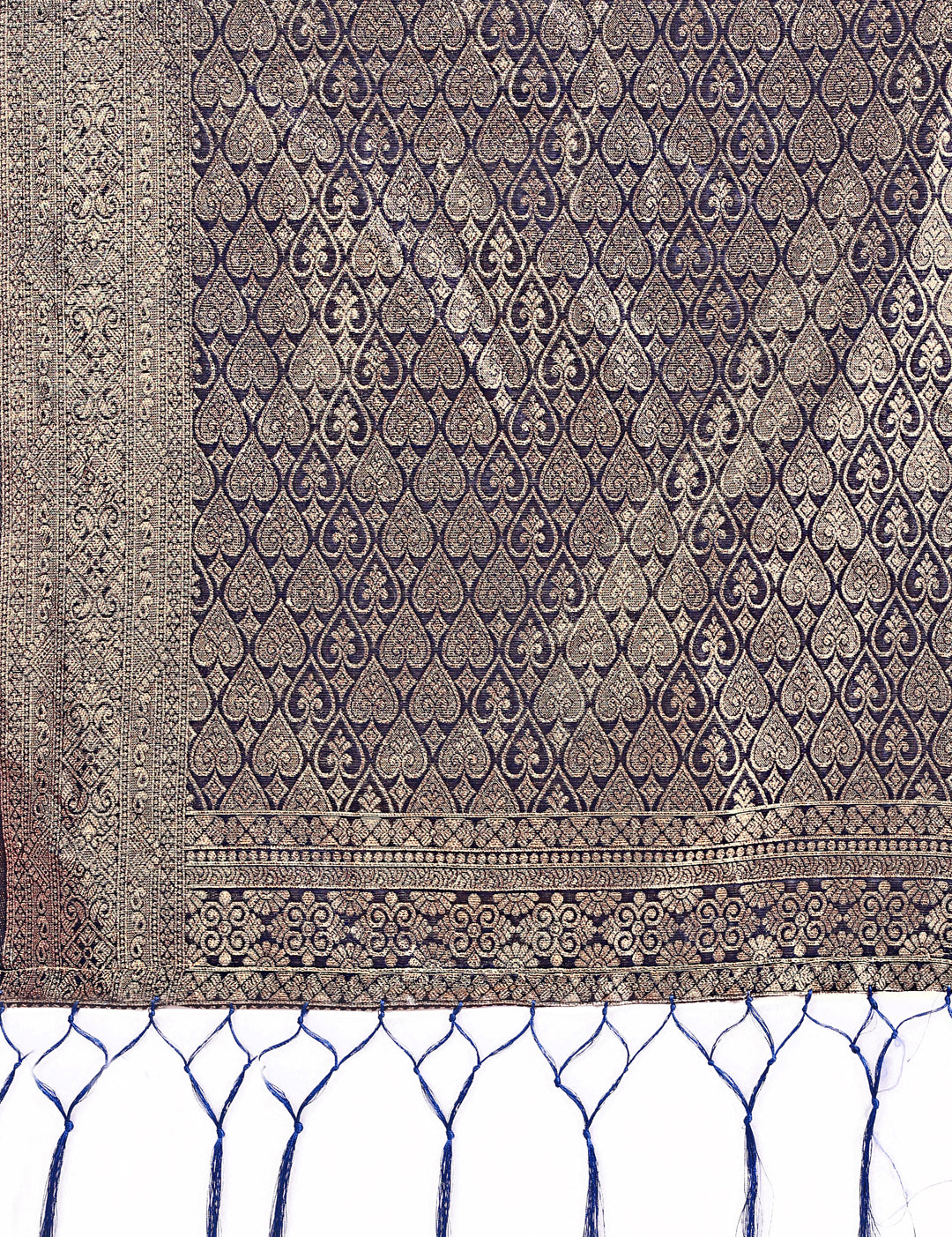 Navy Blue Lichi Silk Saree with Floral Zari Design