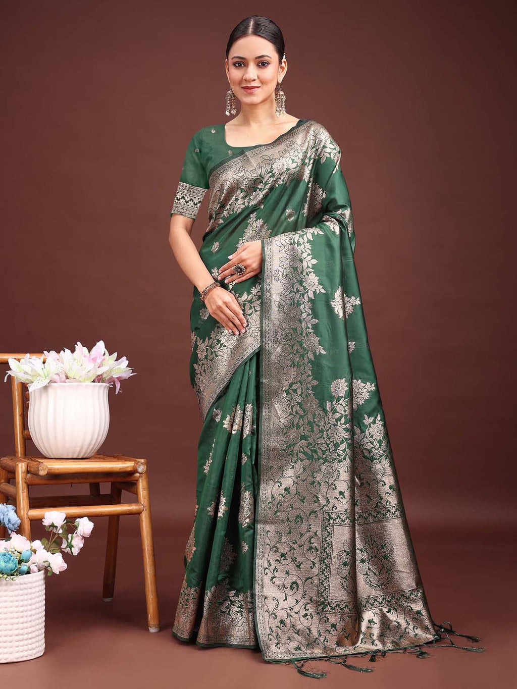 Shree Shyam Fashion Emerald Green Banarasi Silk Saree with Zari Floral Work - Elegance Woven in Every Thread