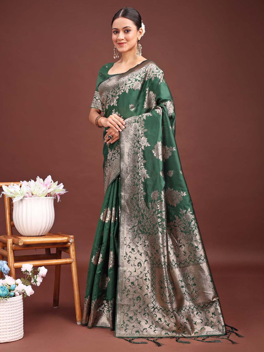 Shree Shyam Fashion Emerald Green Banarasi Silk Saree with Zari Floral Work - Elegance Woven in Every Thread