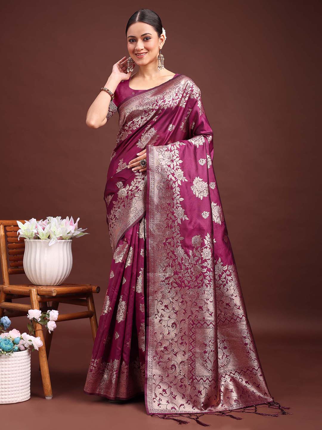 Emerald Purple Banarasi Silk Saree with Zari Floral Motifs