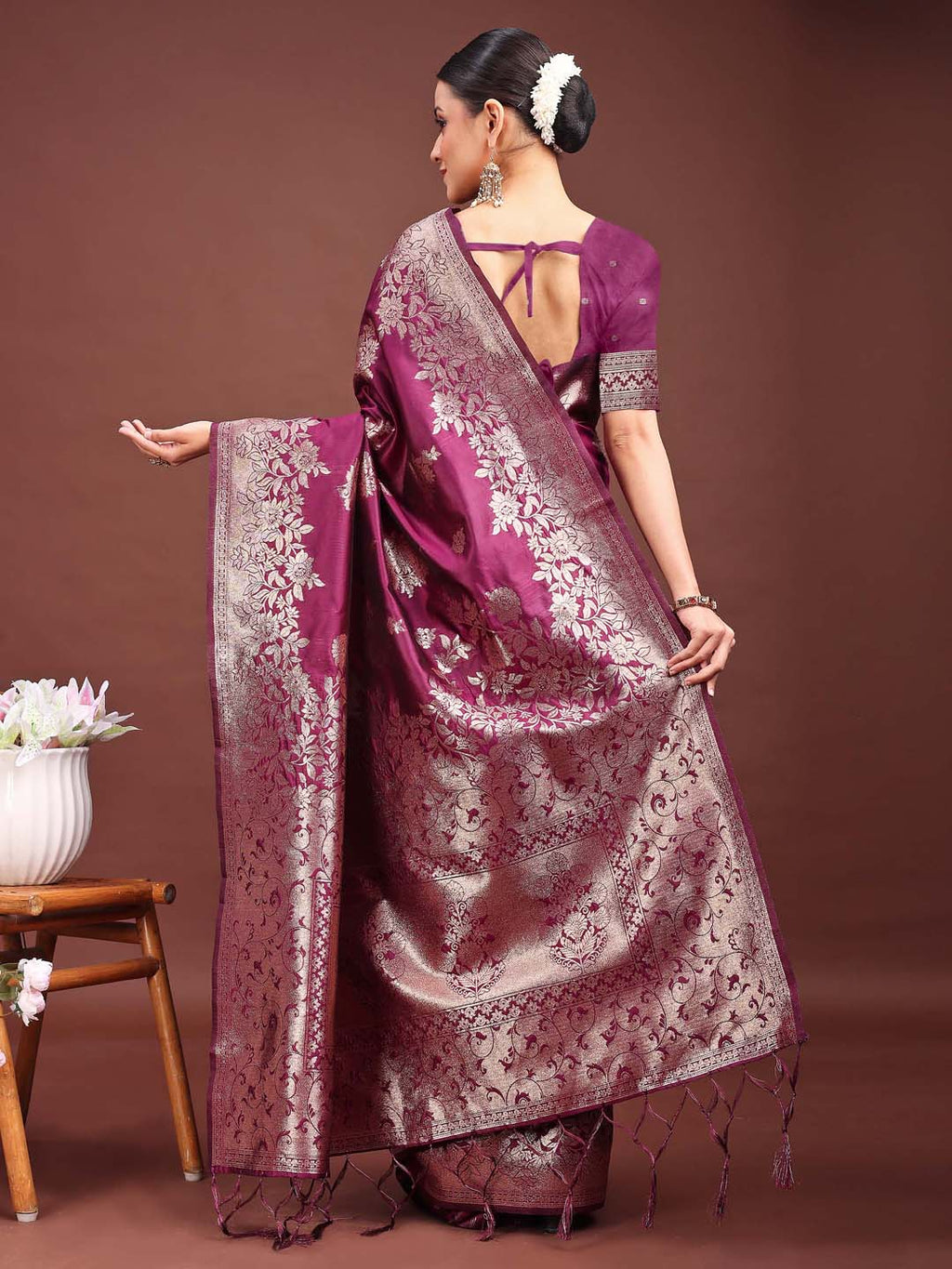 Emerald Purple Banarasi Silk Saree with Zari Floral Motifs