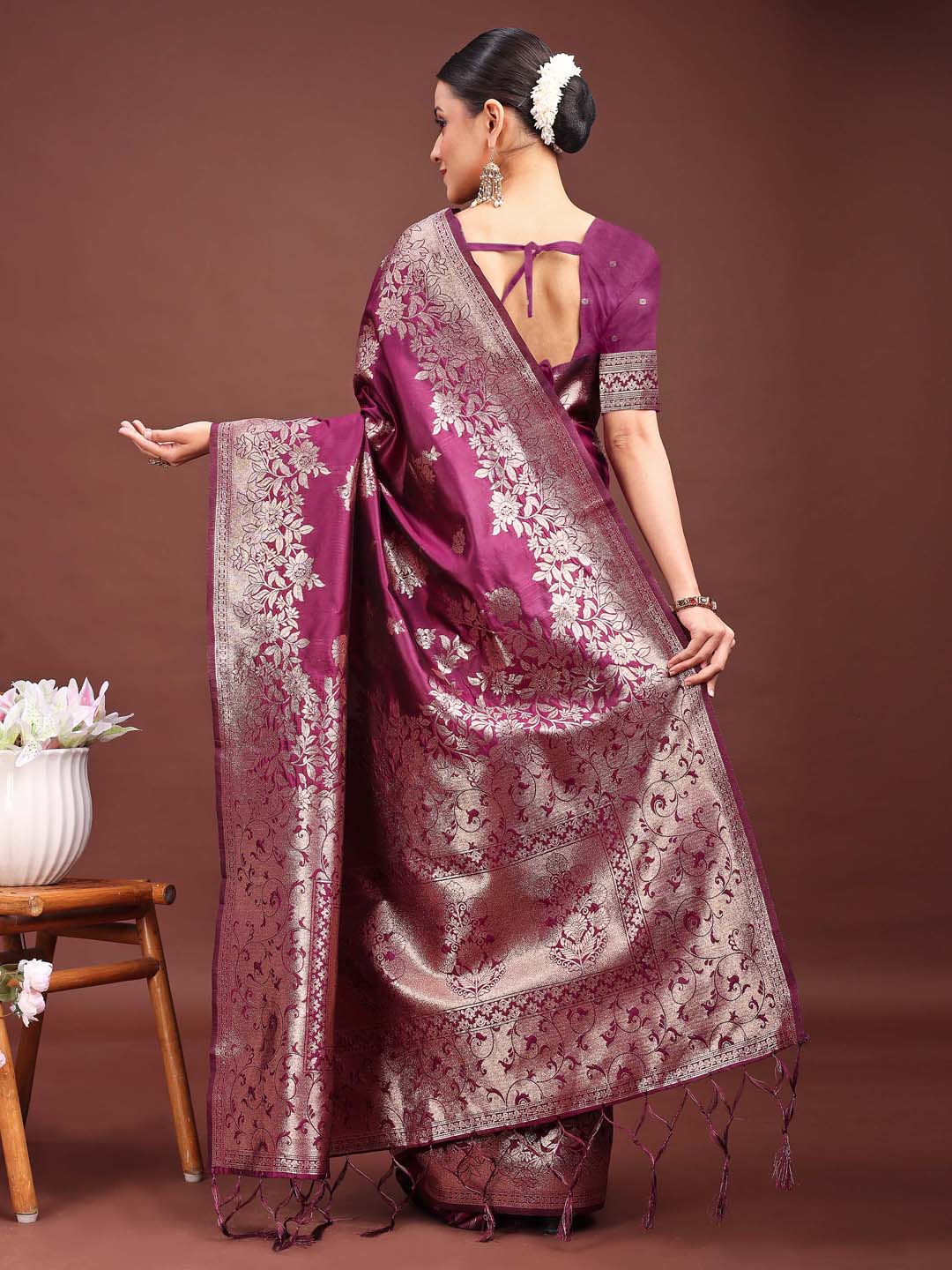 Emerald Purple Banarasi Silk Saree with Zari Floral Motifs
