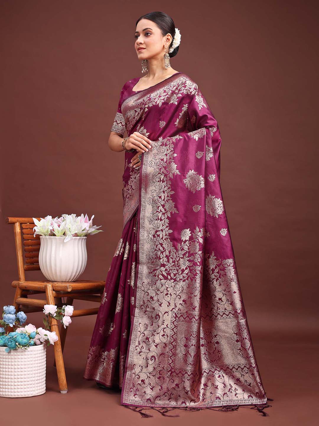 Emerald Purple Banarasi Silk Saree with Zari Floral Motifs