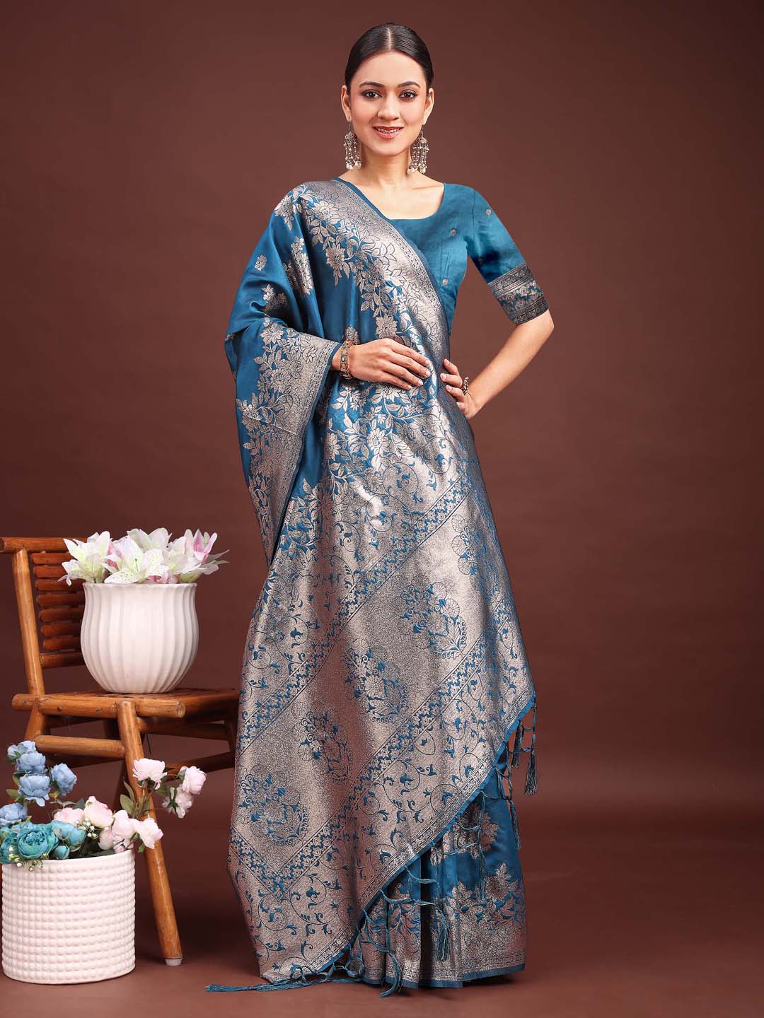 Emerald Teal Green Banarasi Silk Saree with intricate gold zari floral motifs