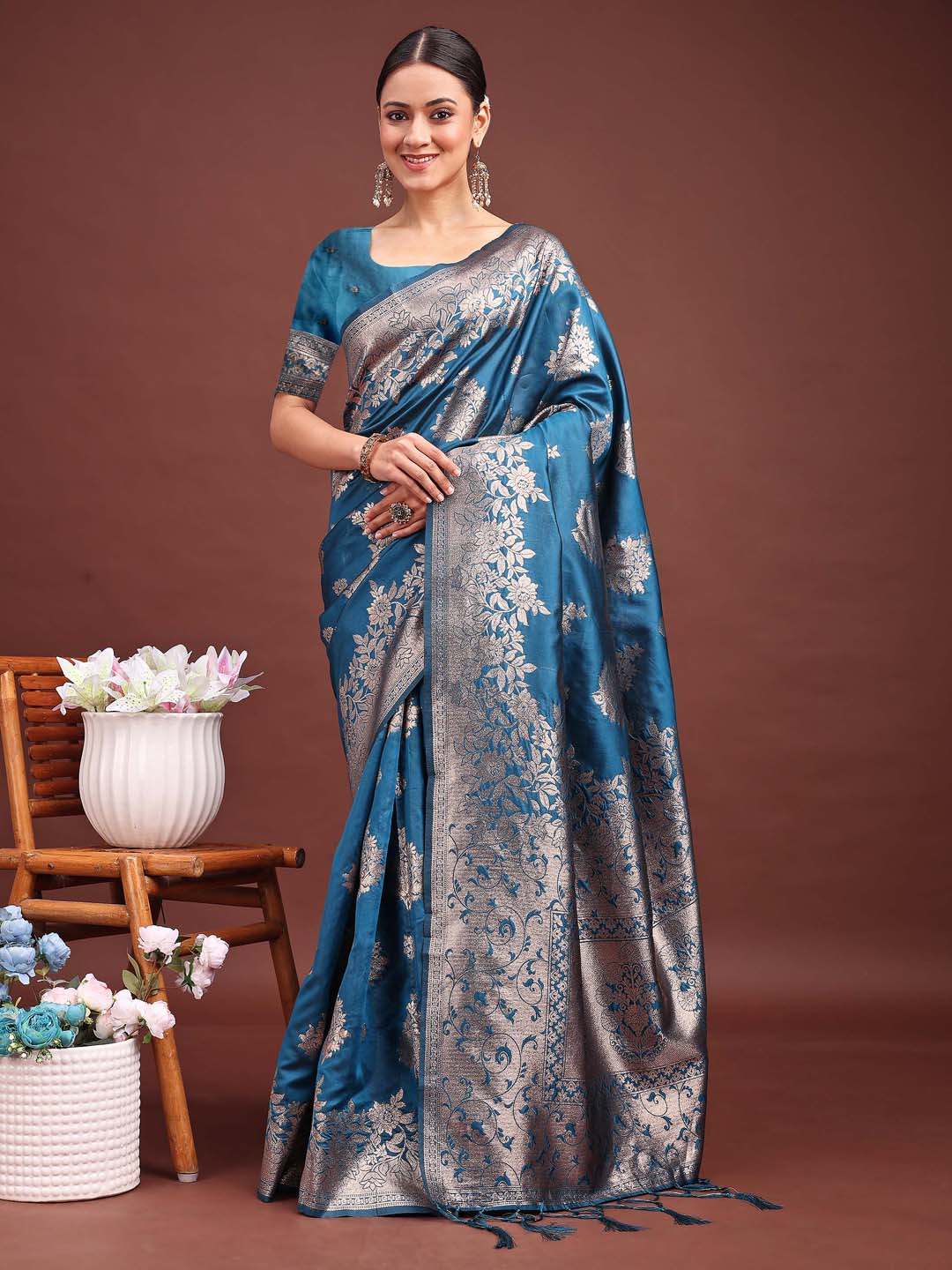 Emerald Teal Green Banarasi Silk Saree with Zari Floral Work