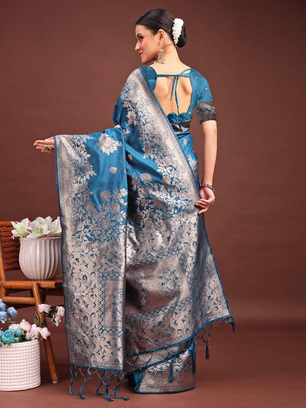 Emerald Teal Green Banarasi Silk Saree with Zari Floral Work