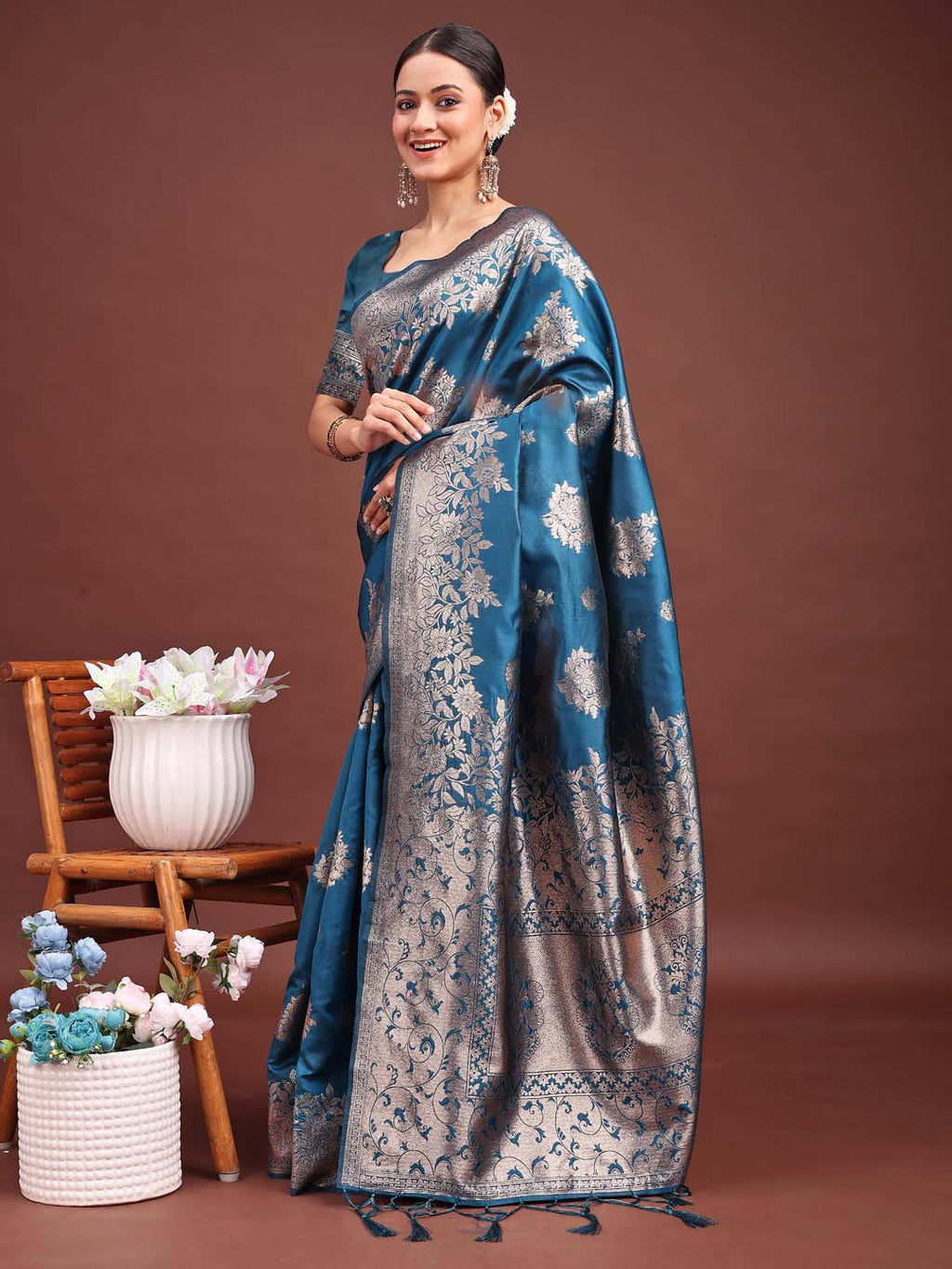 Emerald Teal Green Banarasi Silk Saree with Zari Floral Work