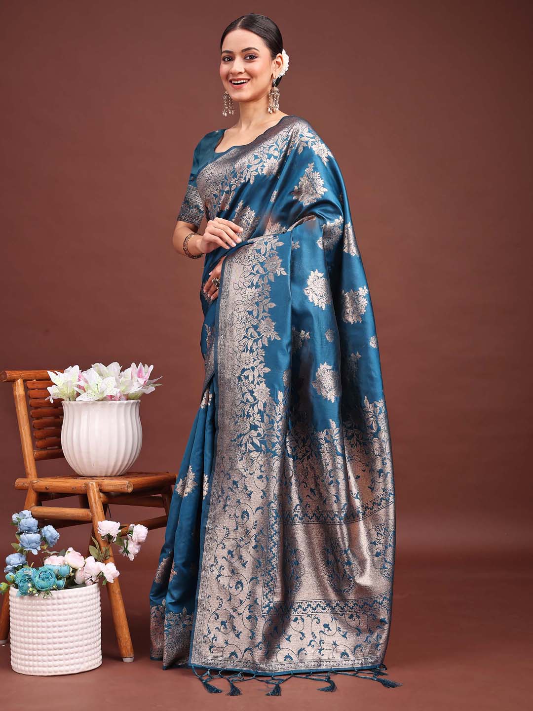Emerald Teal Green Banarasi Silk Saree with Zari Floral Work