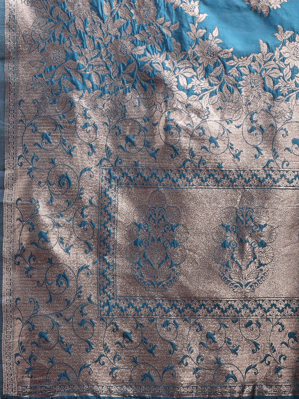 Emerald Teal Green Banarasi Silk Saree with Zari Floral Work