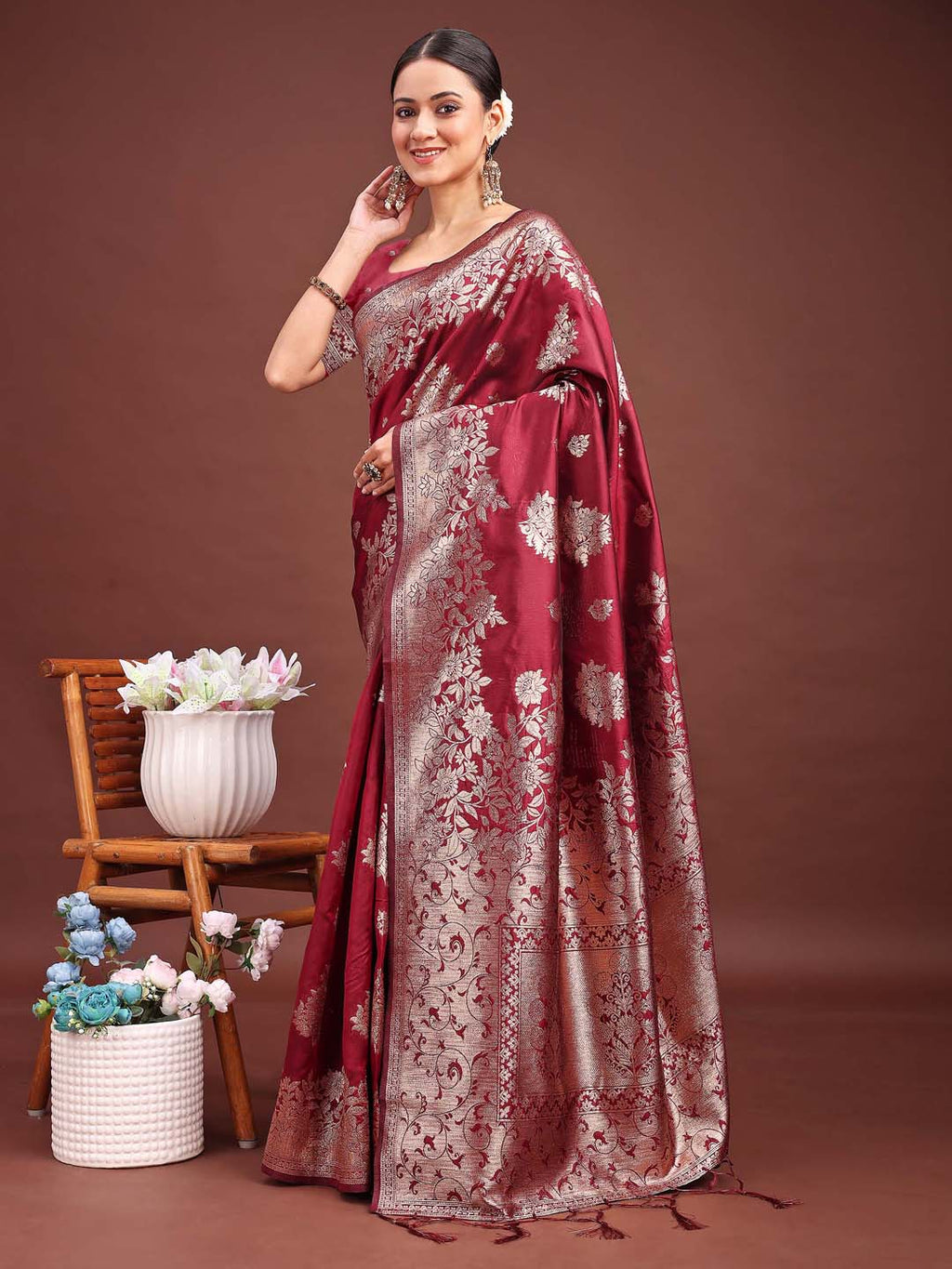 Shree Shyam Fashion Emerald Maroon Banarasi Silk Saree with Zari Floral Work - Elegance Woven in Every Thread