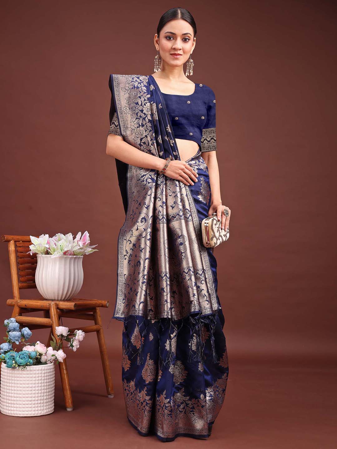 Emerald navy blue Banarasi silk saree with gold zari floral patterns