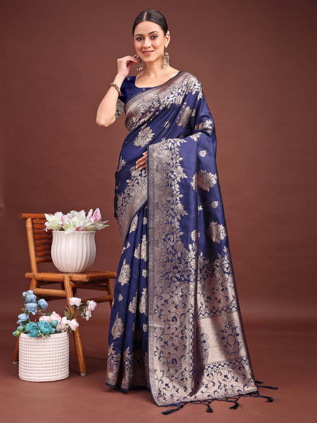 Emerald Navy Blue Banarasi Silk Saree with Zari Floral Work