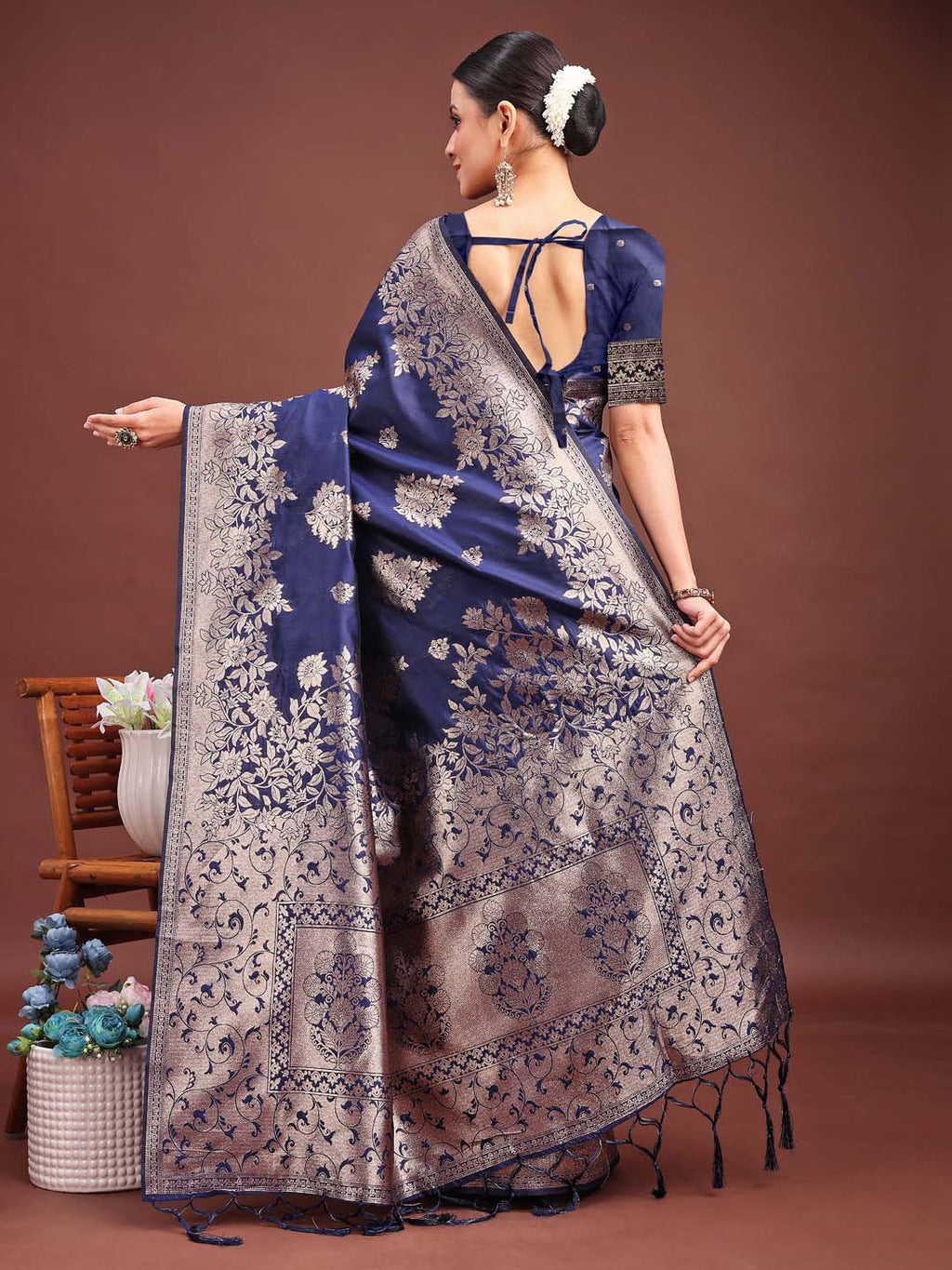 Emerald Navy Blue Banarasi Silk Saree with Zari Floral Work