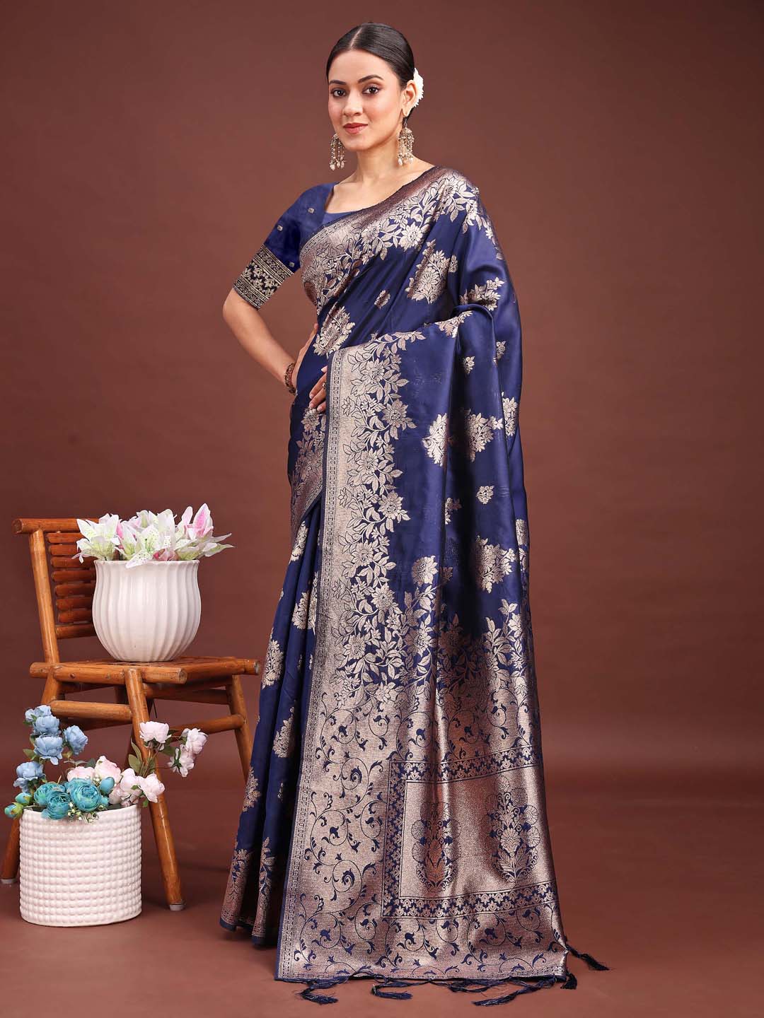 Emerald Navy Blue Banarasi Silk Saree with Zari Floral Work