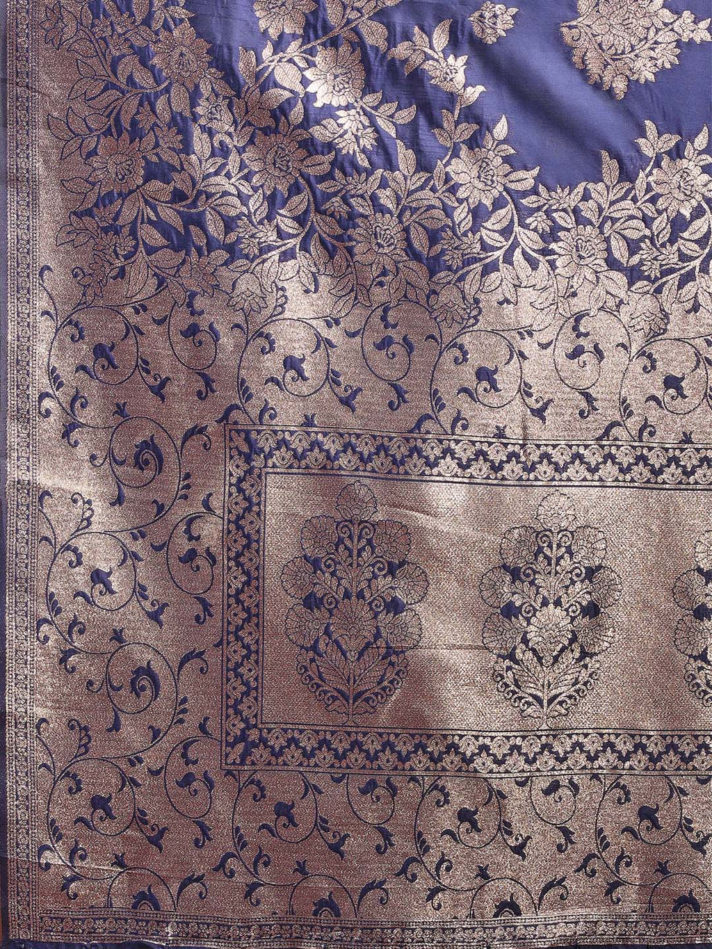 Emerald Navy Blue Banarasi Silk Saree with Zari Floral Work