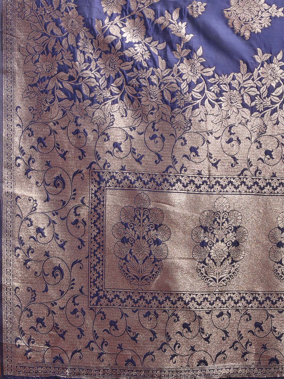 Emerald Navy Blue Banarasi Silk Saree with Zari Floral Work