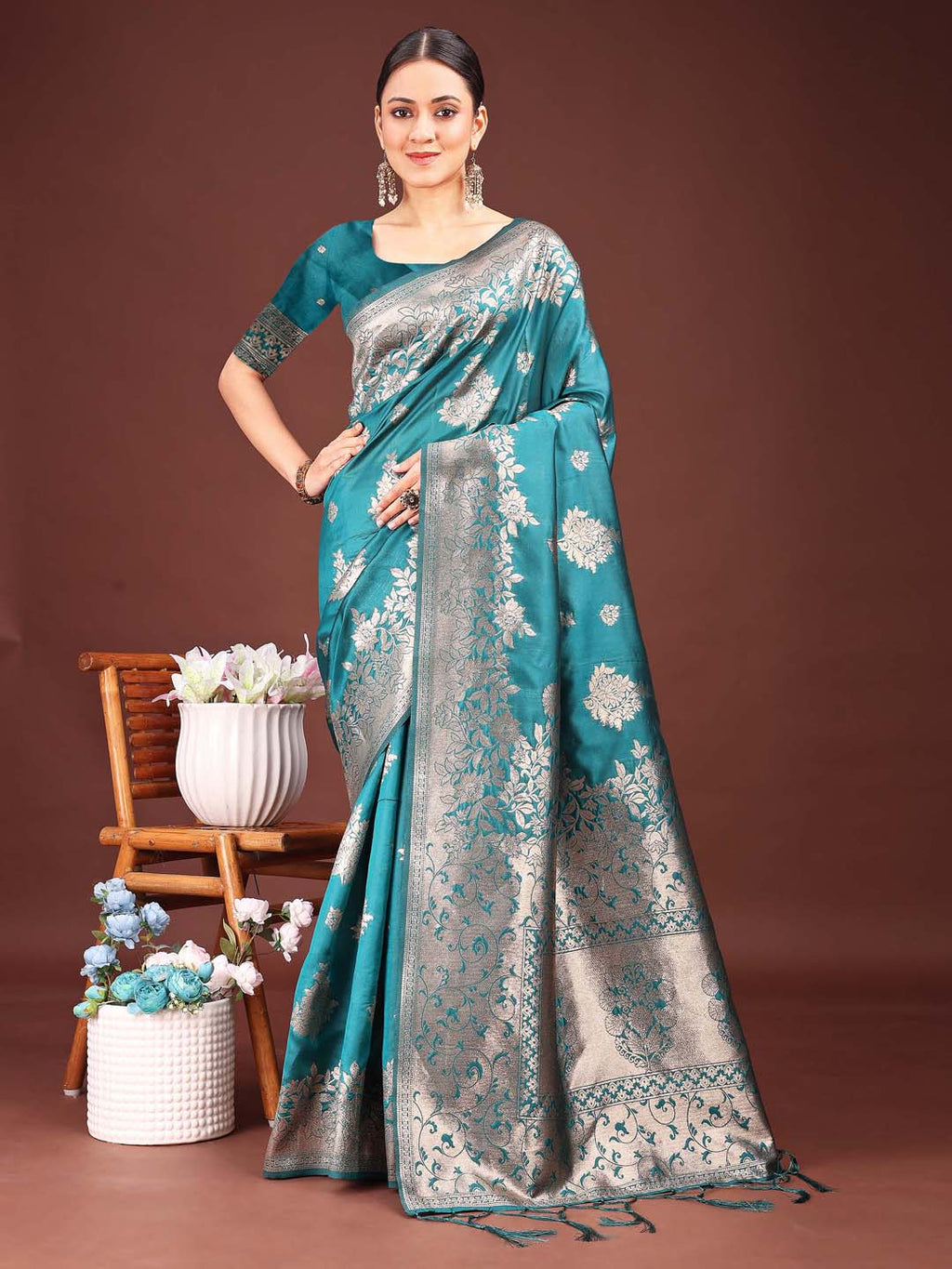 Shree Shyam Fashion Emerald Sea Green Banarasi Silk Saree with Zari Floral Work - Elegance Woven in Every Thread