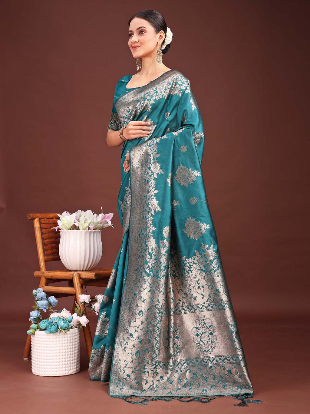 Shree Shyam Fashion Emerald Sea Green Banarasi Silk Saree with Zari Floral Work - Elegance Woven in Every Thread