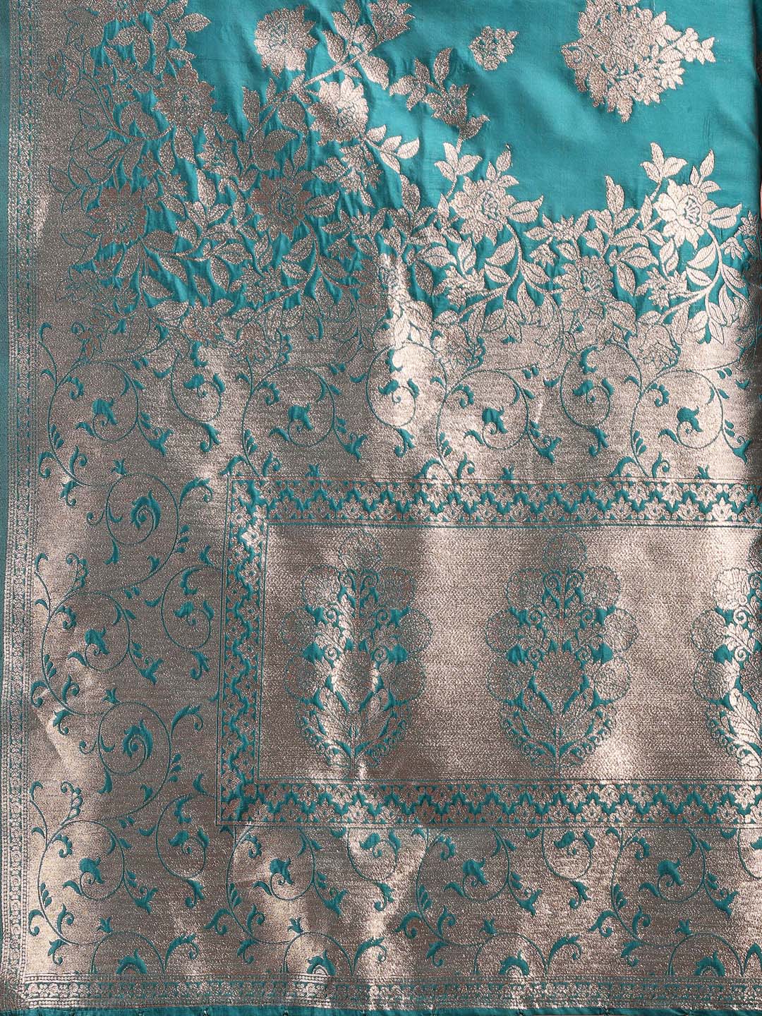 Shree Shyam Fashion Emerald Sea Green Banarasi Silk Saree with Zari Floral Work - Elegance Woven in Every Thread