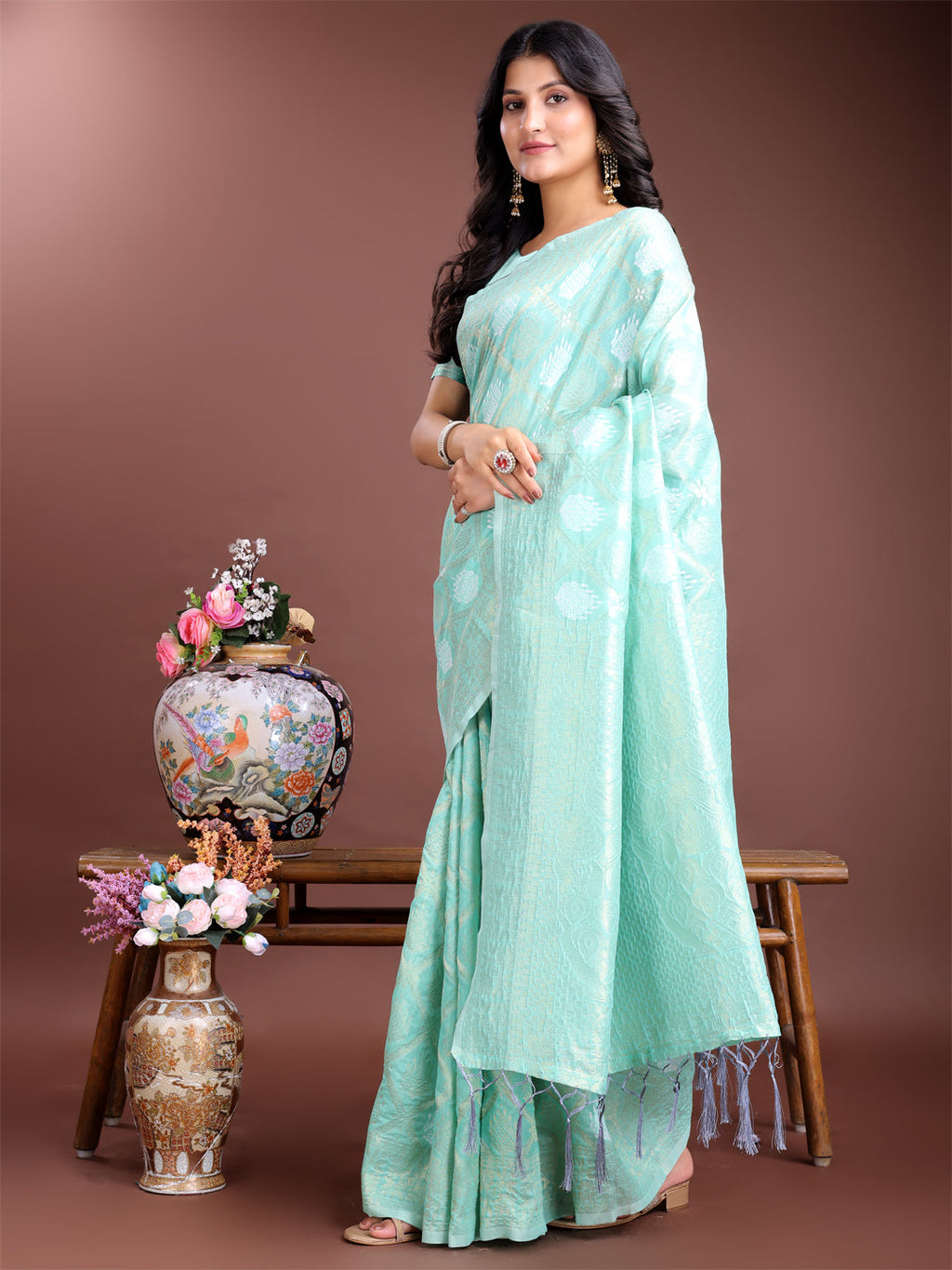 Sea Green Cotton Woven Zari Saree with Traditional Tassel Detail