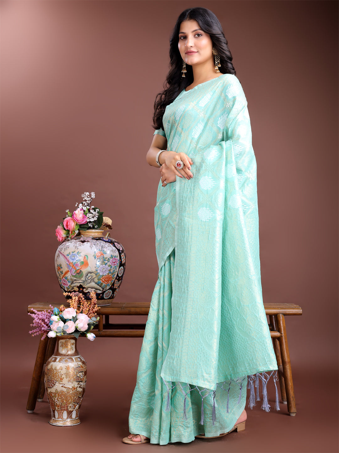 Sea Green Cotton Woven Zari Saree with Traditional Tassel Detail