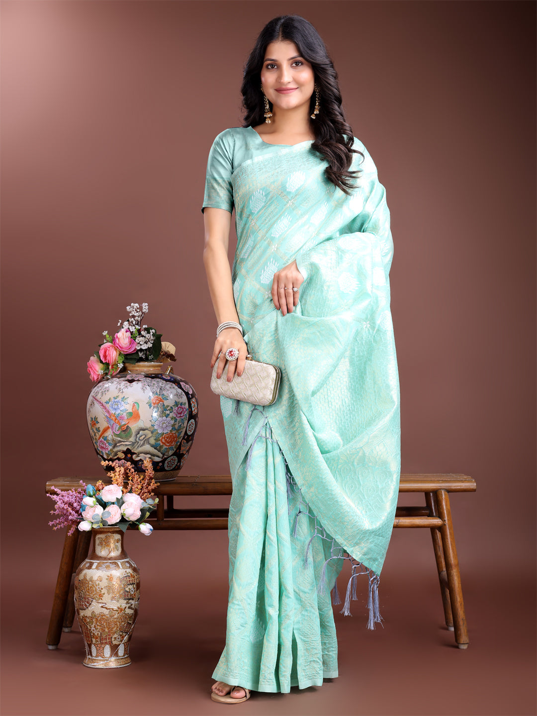 Sea Green Cotton Woven Zari Saree with Traditional Tassel Detail